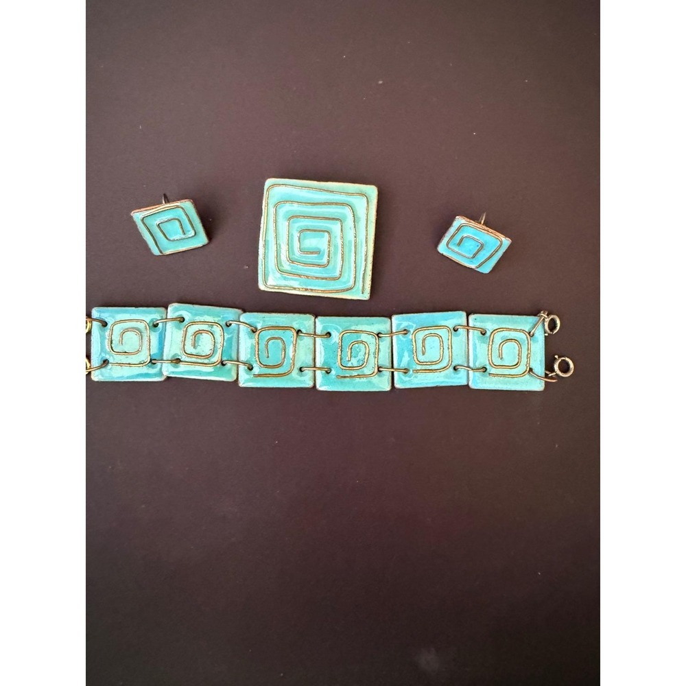 Vintage Charles E Maskrey Turquoise Enamel Copper Spiral Jewelry Set Brooch